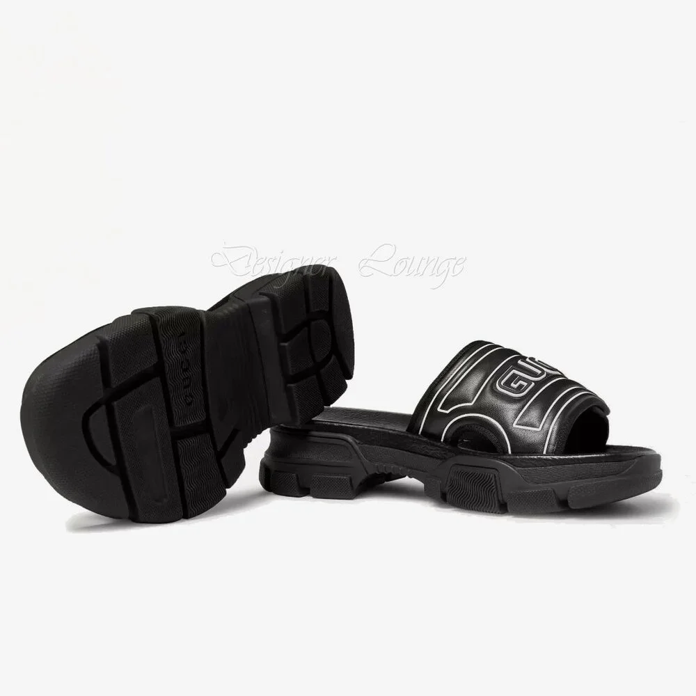 NEW GUCCI Aguru Black Leather & Rubber Logo Sandals Slides G 11 / US 11.5